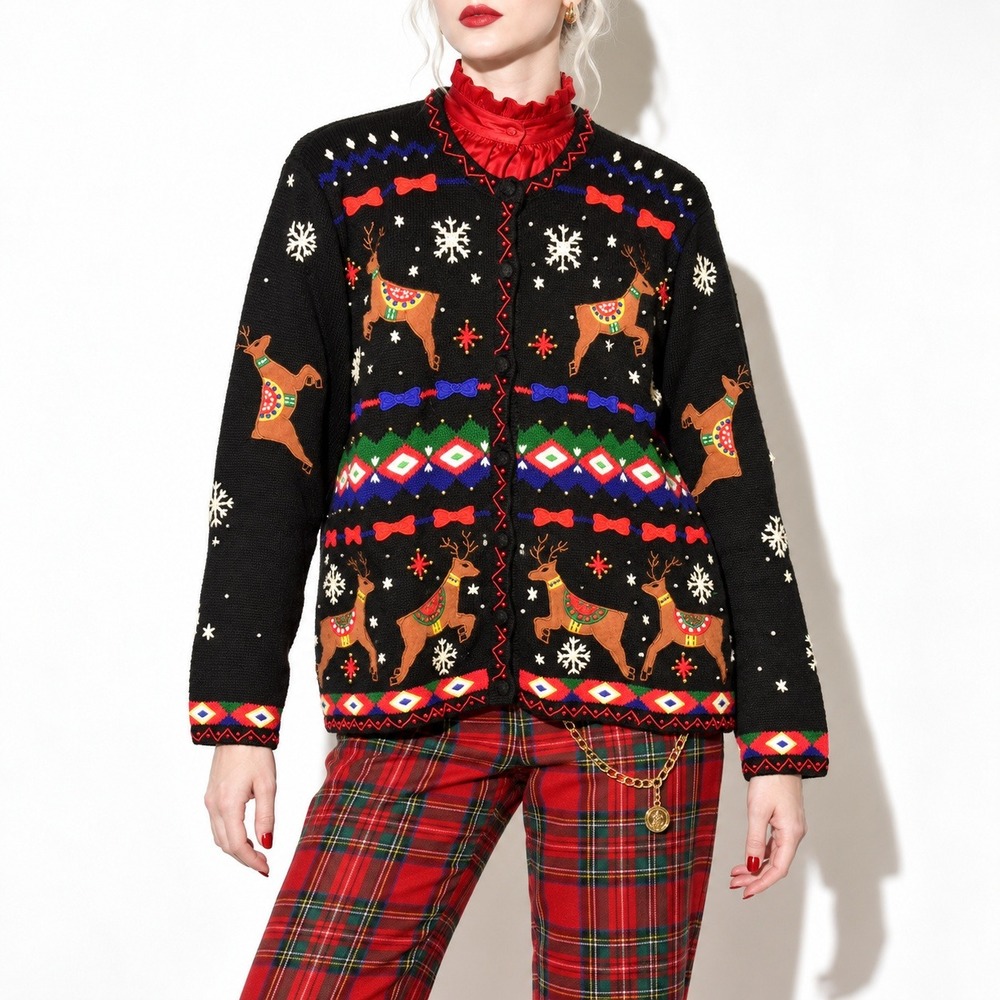 Christmas Cardigan Womens M Black Beaded Reindeer Ramie Cotton Vintage 90s Knit